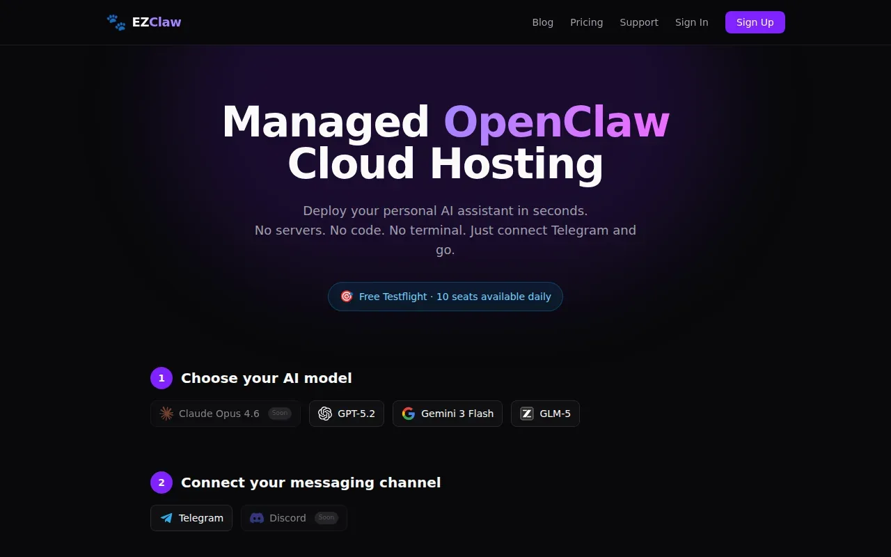 Screenshot of the EZClaw website